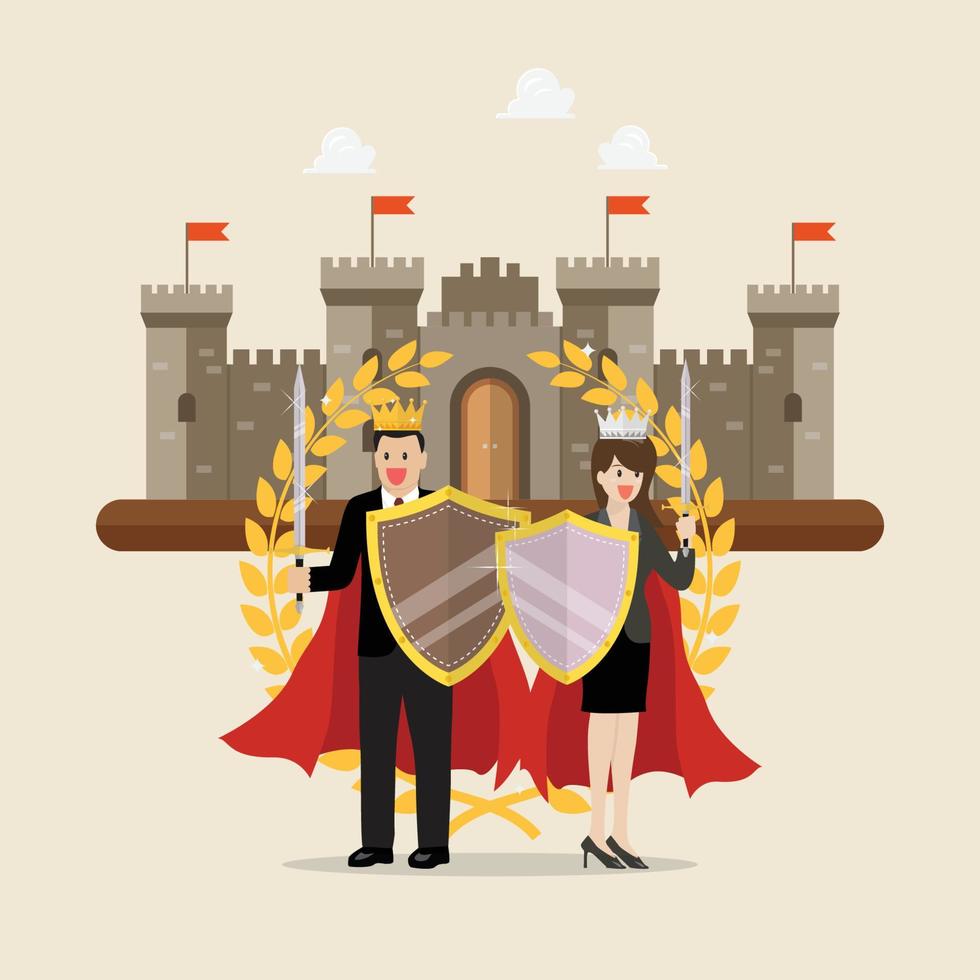 hombre y mujer sosteniendo espada de escudo con corona dorada y castillo en el fondo vector