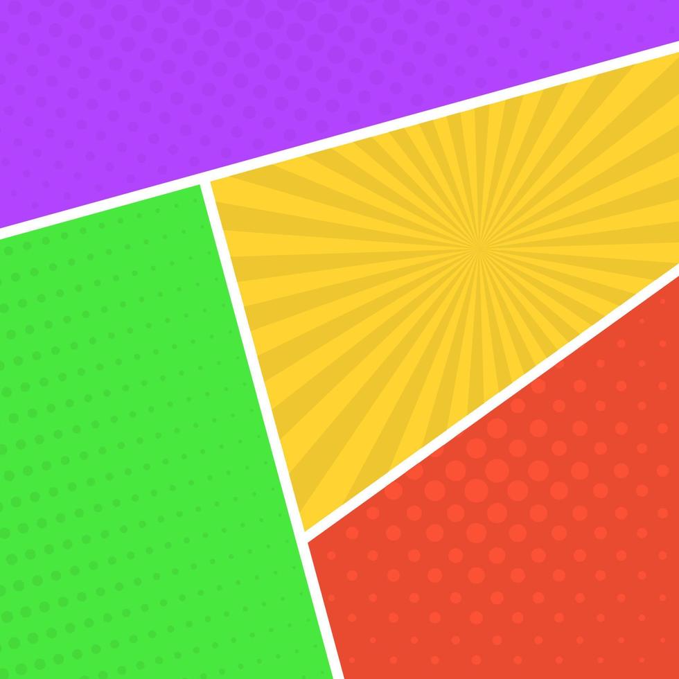 Colorful comic book page background in pop art style. Empty template with rays and dots pattern. Vector illustration