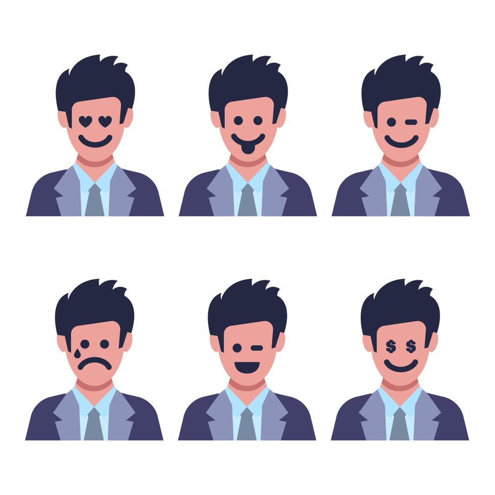 conjunto de seis hombres con diferentes emociones faciales. rostro humano con carácter emoji. ilustración vectorial vector