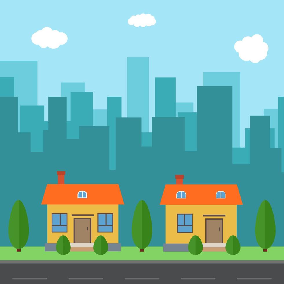 Vector city with cartoon houses and buildings. City space with road on flat style background concept. Summer urban landscape. Street view with cityscape on a background