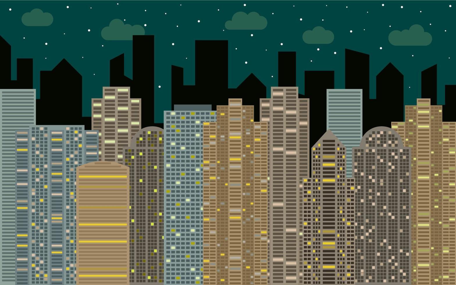 Night urban landscape. Street view with cityscape, skyscrapers and modern buildings at sunny day. City space in flat style background concept. vector