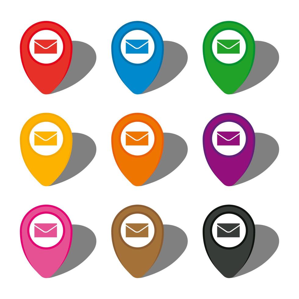 Set of nine colorful map pointers with mail icon in white circle and with shadow. Vector illustration