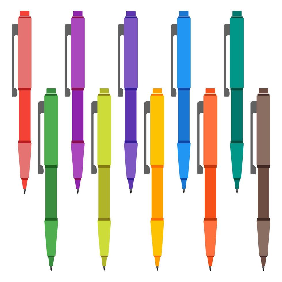 Set of multi-colored pens on a white background. Vector illustration.