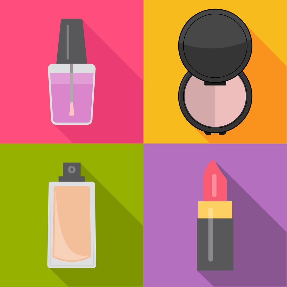 Set of four makeup items in flat style with shadow. Vector illustration.