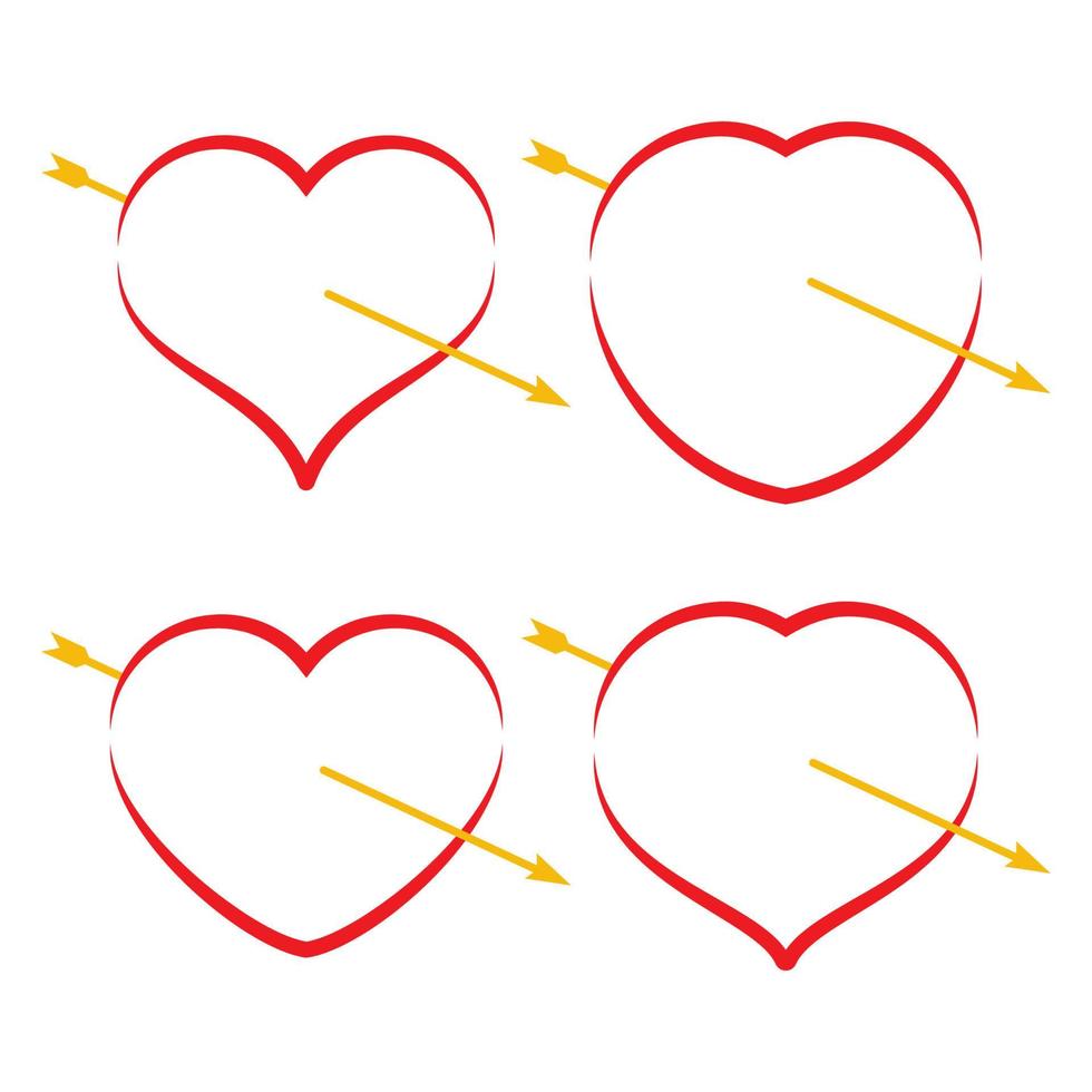 Set of four red hearts with arrow. Romantic love symbol of valentine day. Vector illustration