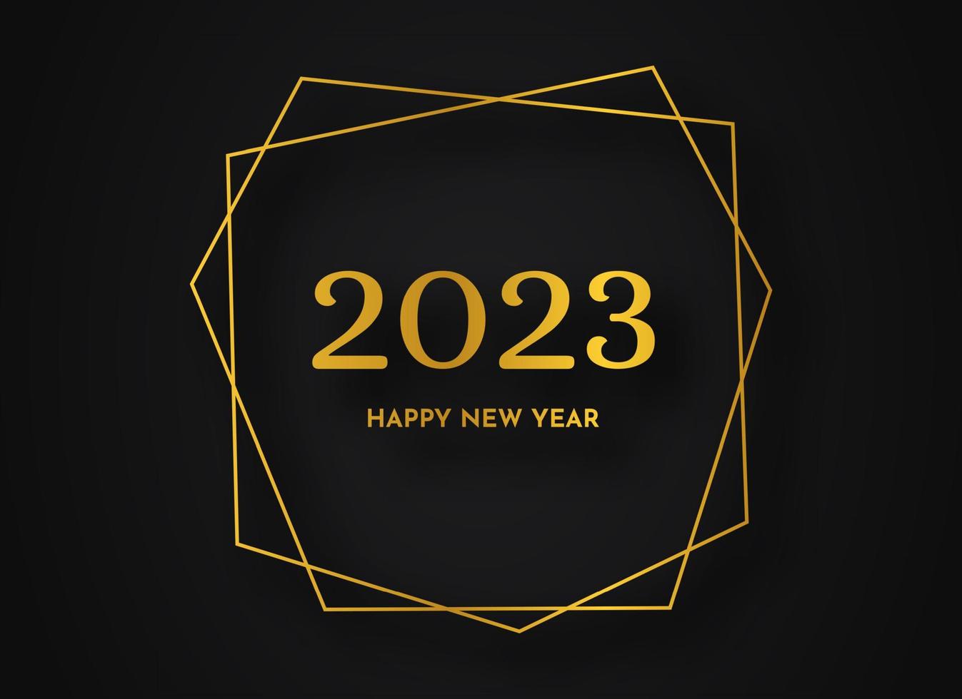 2023 Happy New Year gold geometric polygonal background. Gold geometric polygonal frame with shining effects for Christmas holiday greeting card, flyers or posters. Vector illustration