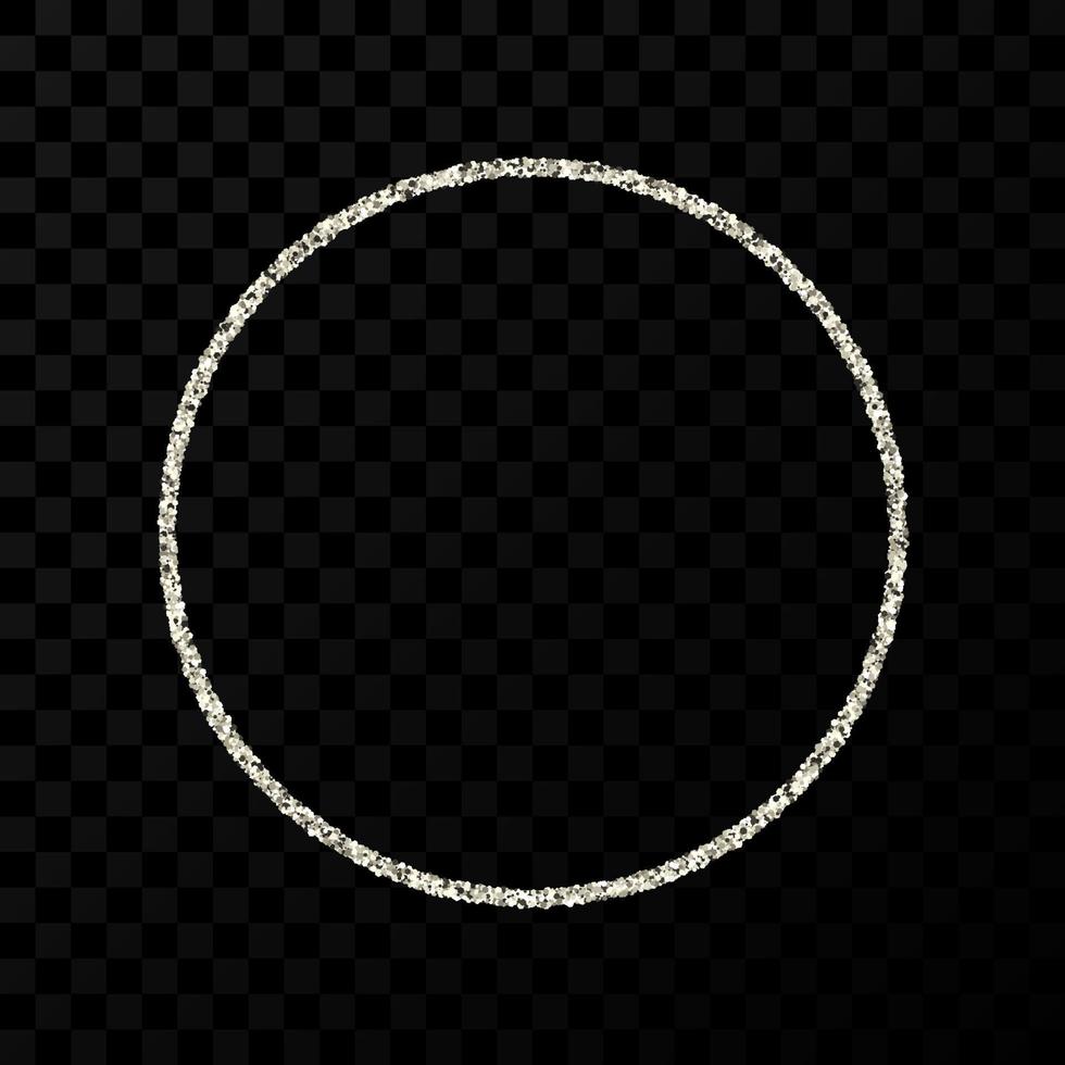 Silver glitter frame. Circle frame with shiny sparkles on dark transparent background. Vector illustration