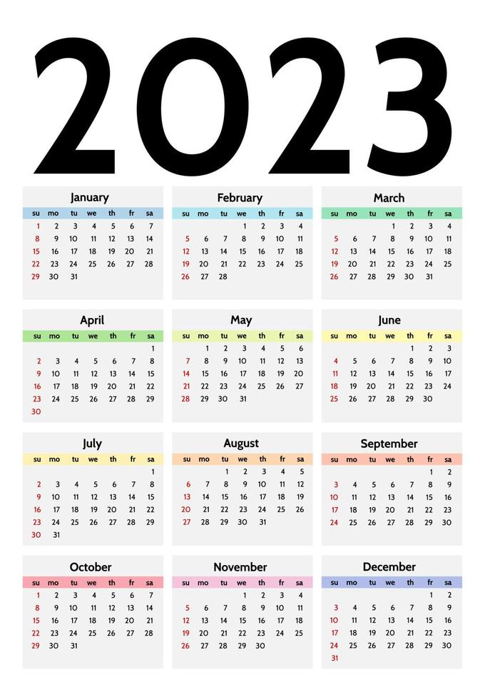 Calendar for 2023 isolated on a white background. Sunday to Monday, business template. Vector illustration