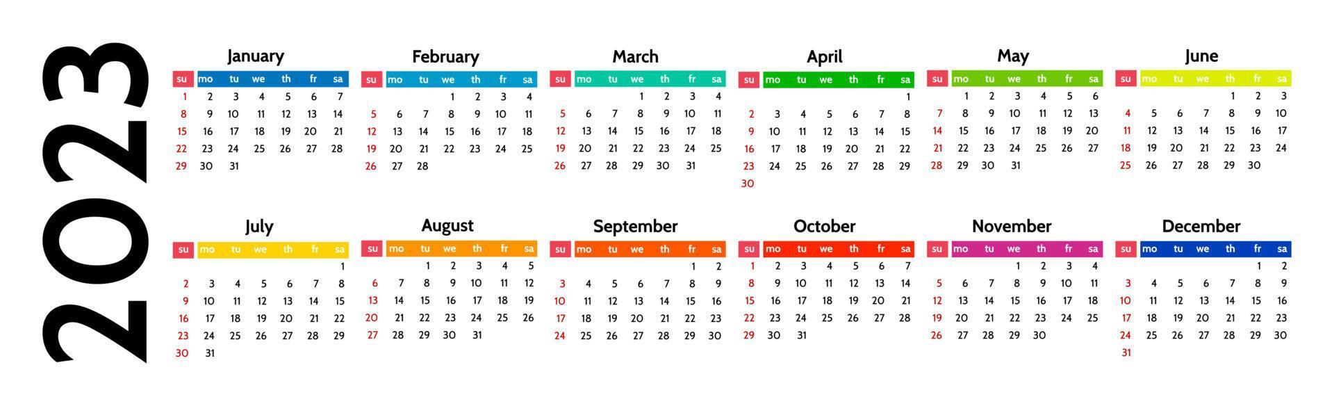 Horizontal calendar for 2023 isolated on a white background. Sunday to Monday, business template. Vector illustration