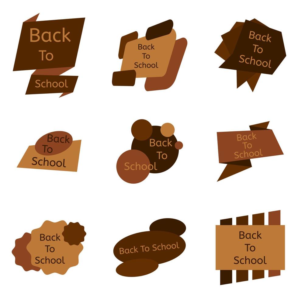 Set of nine brown back to school badges. School labels and icons collection. Vector illustration.