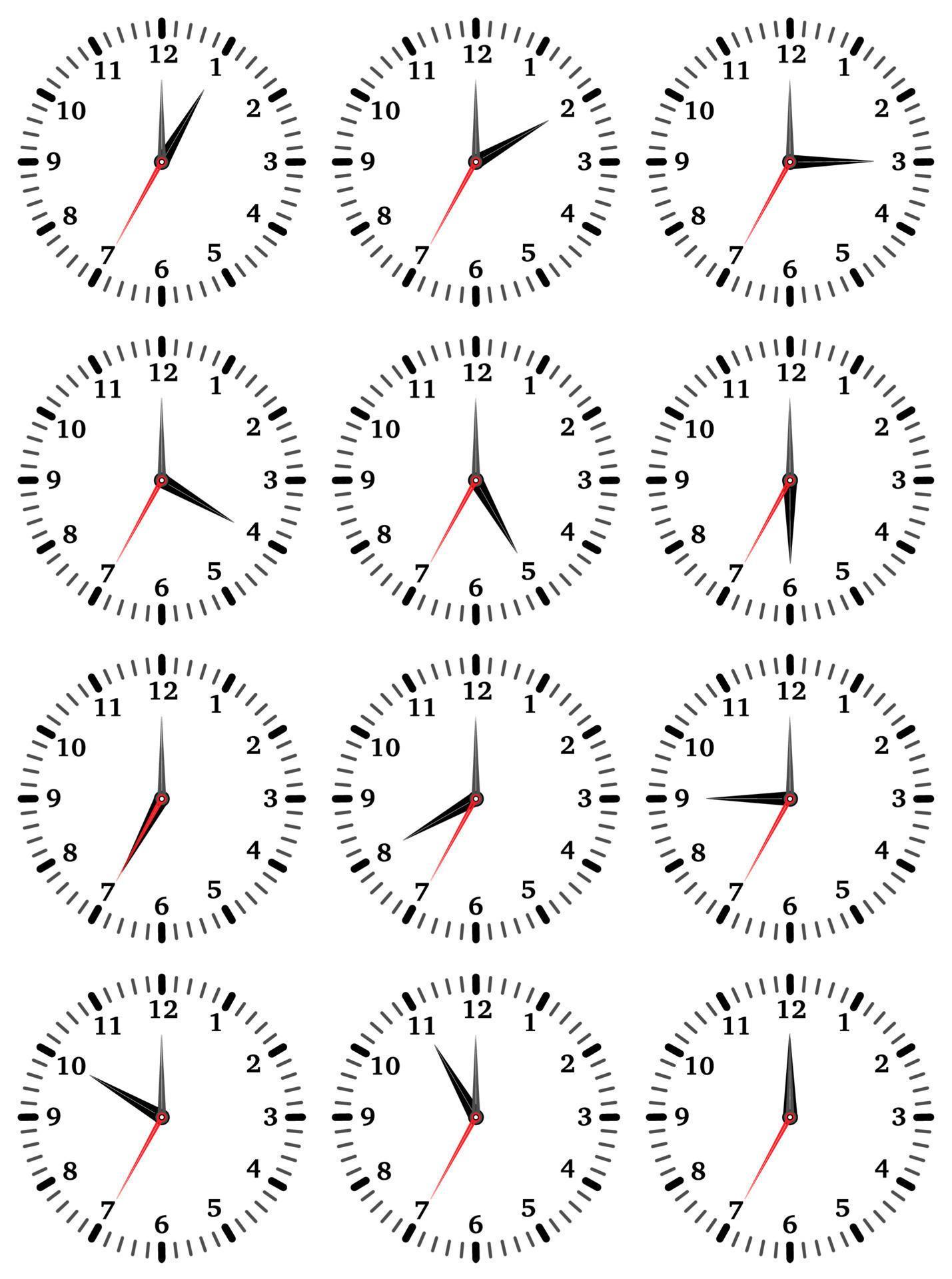 A set of mechanical clocks with an image of each of the twelve hours
