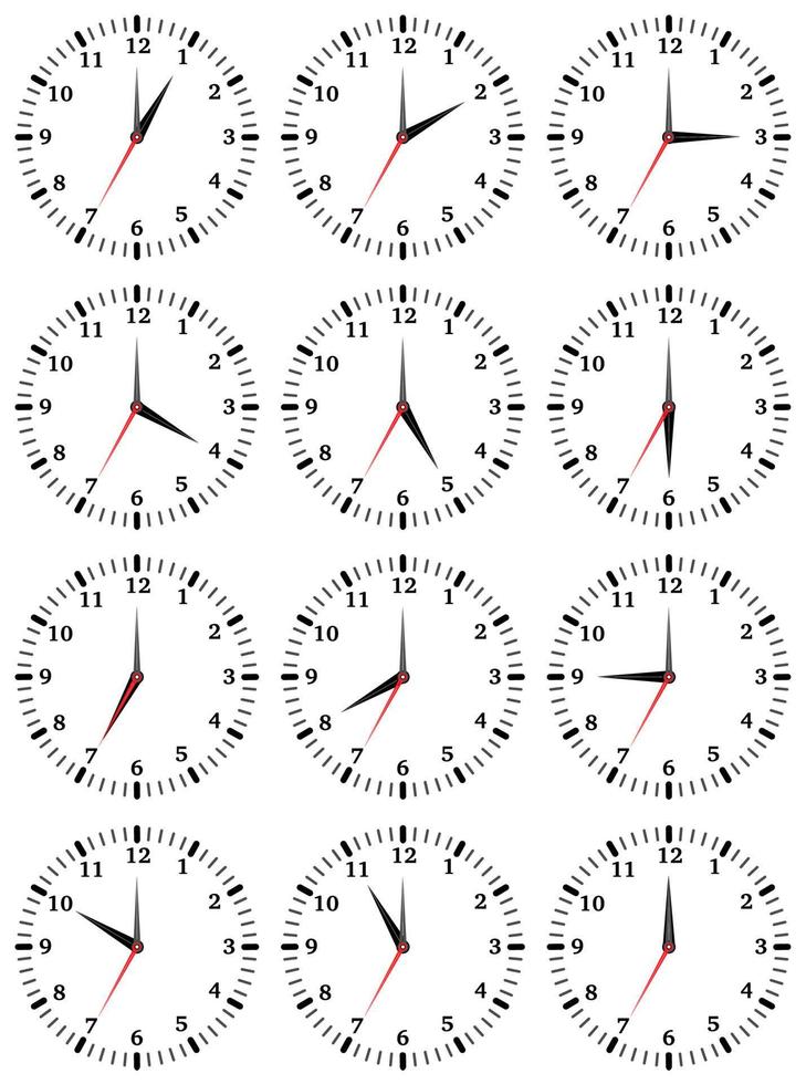 A set of mechanical clocks with an image of each of the twelve hours. Clock face on white background. vector