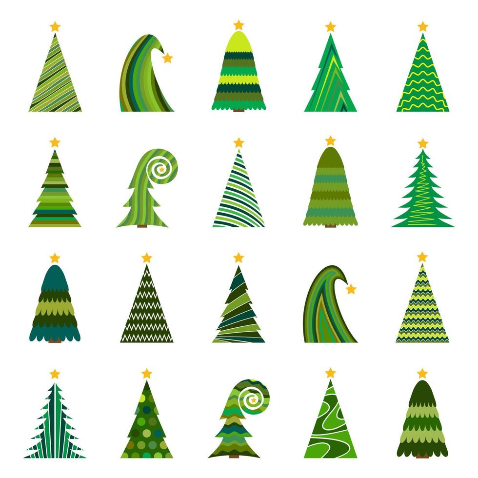 Set of twenty different Christmas trees. Isolated vector illustration for Merry Christmas and Happy New Year.