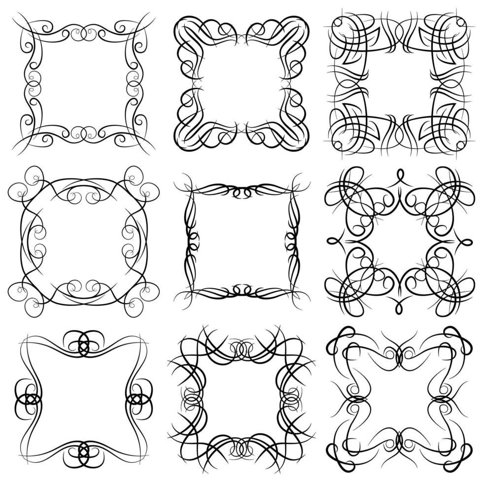 Set of nine square black monogram elements on a white background. Vector illustration.