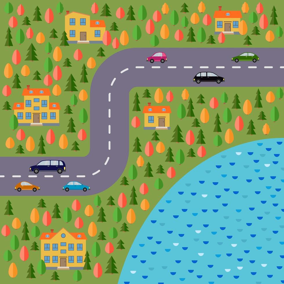 Plan of village. Landscape with the road, forest, lake, cars and houses. Vector illustration