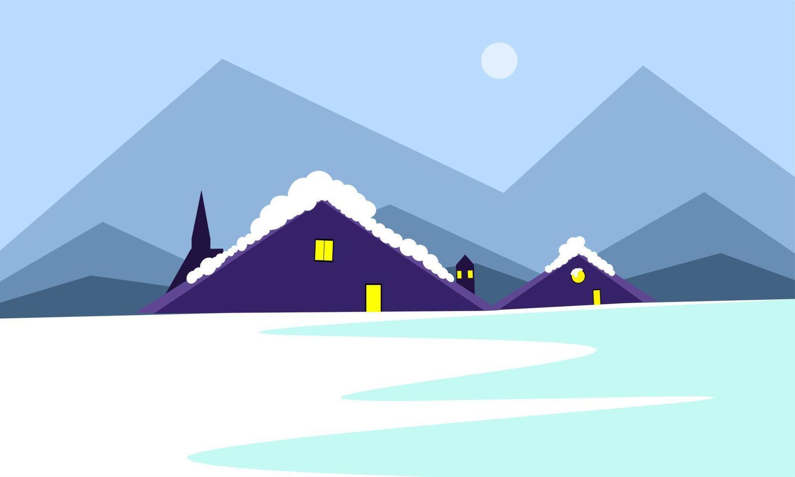 diseño de ilustración de invierno, vista de la casa en invierno, ilustración de paisaje de invierno vector