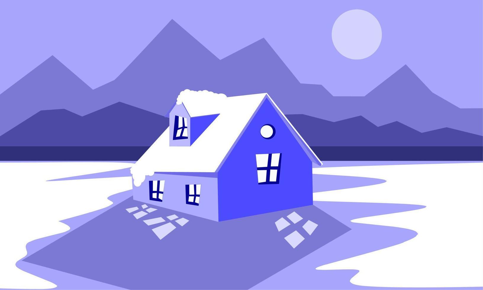 diseño de ilustración de invierno, vista de la casa en invierno, ilustración de paisaje de invierno vector