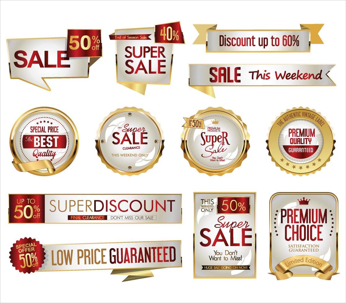 Collection of super sale golden badges on white background vector