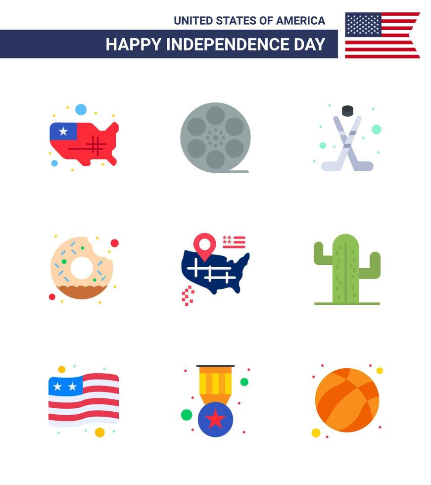 Happy Independence Day USA Pack of 9 Creative Flats of map food american yummy donut Editable USA Day Vector Design Elements