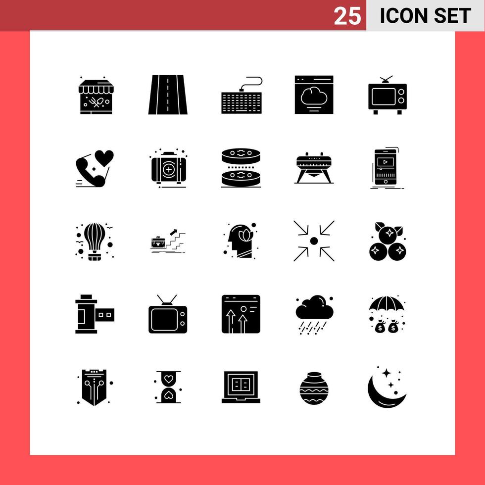25 Thematic Vector Solid Glyphs and Editable Symbols of telephone television keys tv interface Editable Vector Design Elements