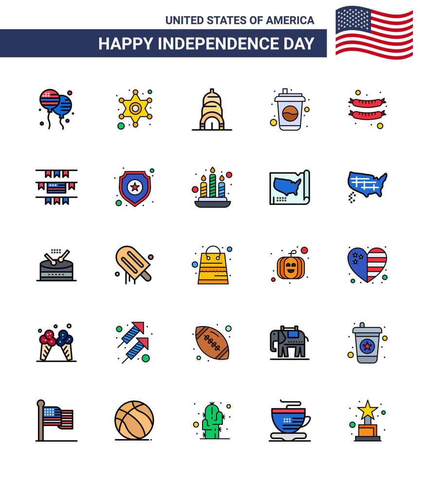 25 iconos creativos de estados unidos signos de independencia modernos y símbolos del 4 de julio de comida de salchicha chrysler soda cola editable elementos de diseño de vectores del día de estados unidos