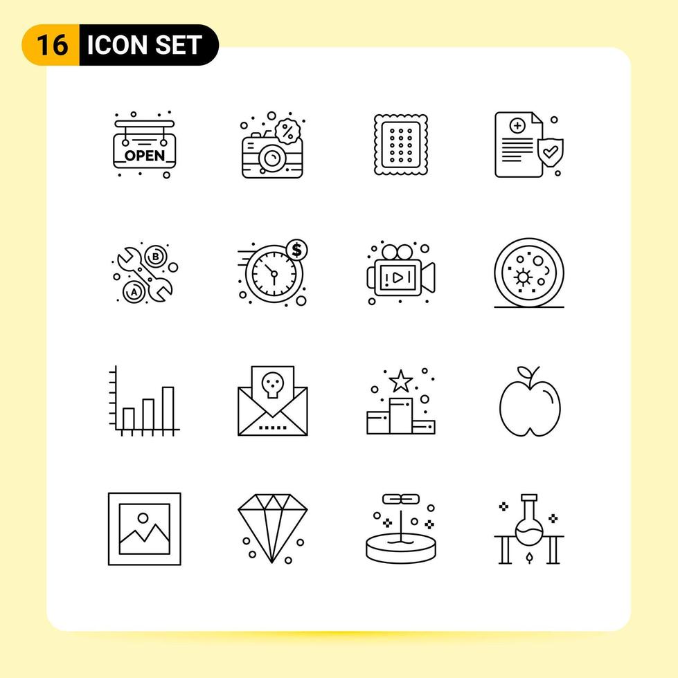 Set of 16 Commercial Outlines pack for tool policy bakery insurance meal Editable Vector Design Elements