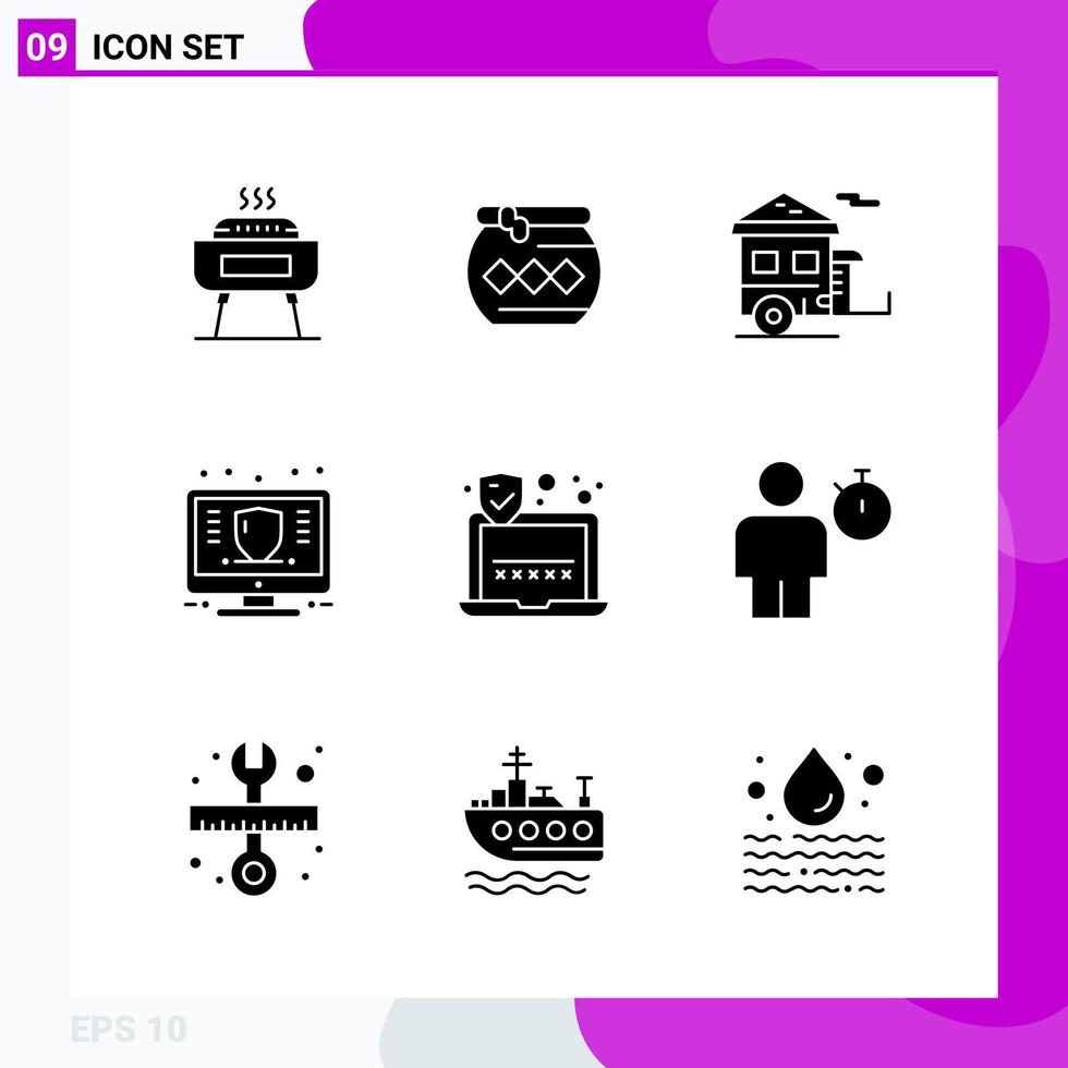 Solid Icon set Pack of 9 Glyph Icons isolated on White Background for Web Print and Mobile Creative Black Icon vector background