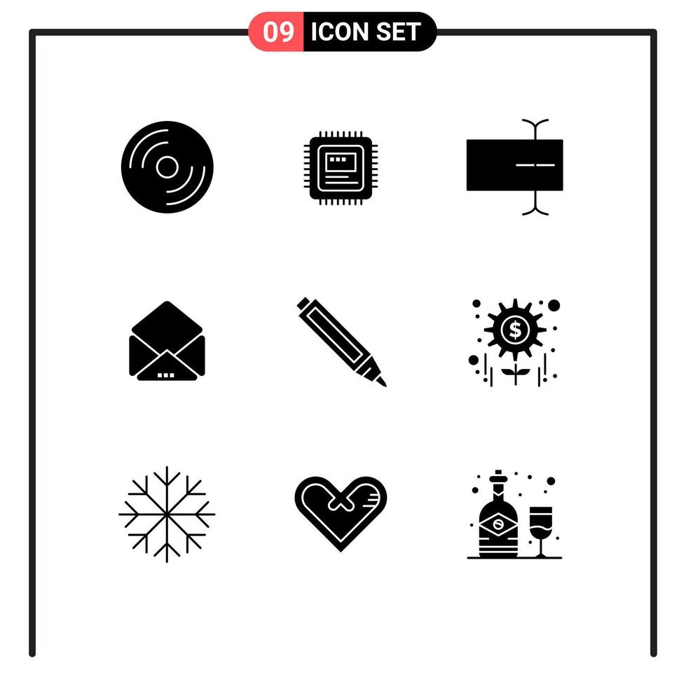 9 User Interface Solid Glyph Pack of modern Signs and Symbols of pencil education hardware open message Editable Vector Design Elements