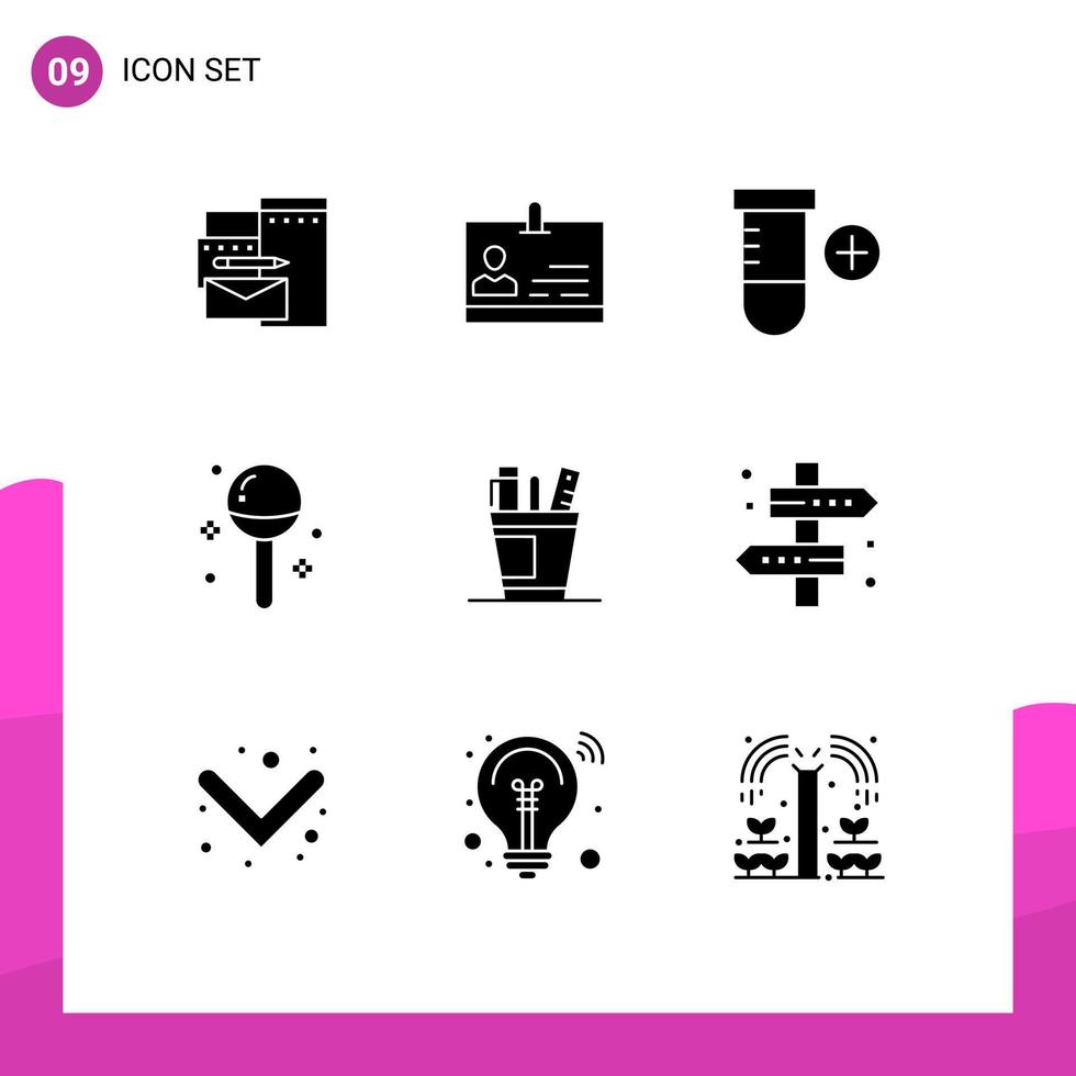Universal Icon Symbols Group of 9 Modern Solid Glyphs of desk meal add lollipop drinks Editable Vector Design Elements
