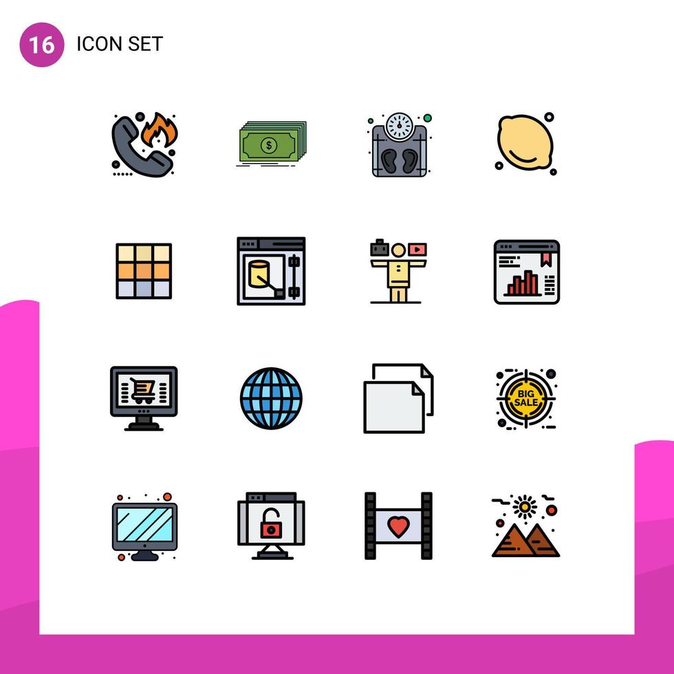 paquete de 16 líneas llenas de colores planos modernos, signos y símbolos para medios impresos web, como fondos de atención médica, pesaje de alimentos, elementos de diseño de vectores creativos editables