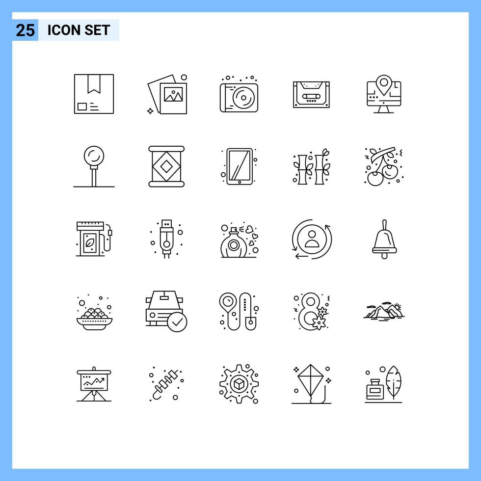 User Interface Pack of 25 Basic Lines of deck cassette photo audio technology Editable Vector Design Elements