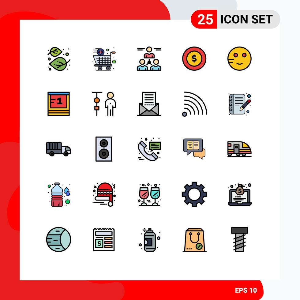 25 Thematic Vector Filled line Flat Colors and Editable Symbols of embarrassed logistic shopping dollar coin team Editable Vector Design Elements