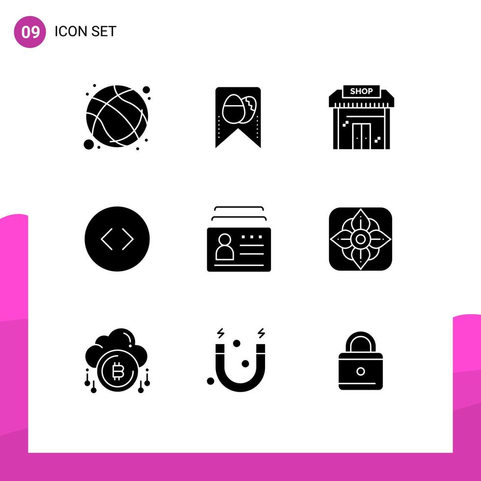 Mobile Interface Solid Glyph Set of 9 Pictograms of card enlarge building circle shop Editable Vector Design Elements