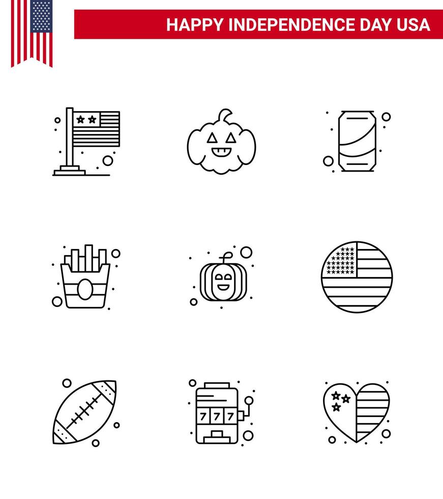 Stock Vector Icon Pack of American Day 9 Line Signs and Symbols for american pumpkin can american food Editable USA Day Vector Design Elements