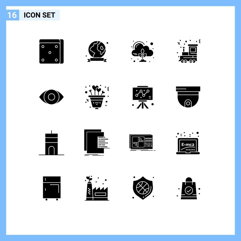Pictogram Set of 16 Simple Solid Glyphs of panorama degrees zero train festival Editable Vector Design Elements