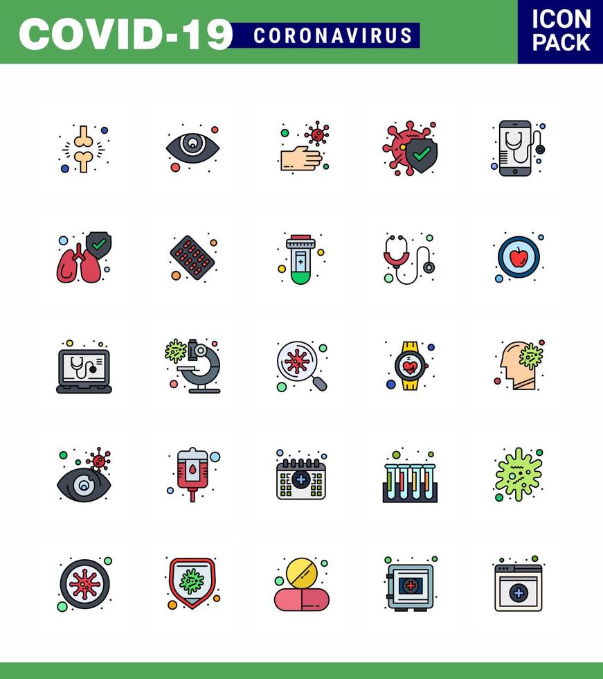 Covid19 icon set for infographic 25 Flat Color Filled Line pack such as healthcare safe bacteria protection bacteria viral coronavirus 2019nov disease Vector Design Elements