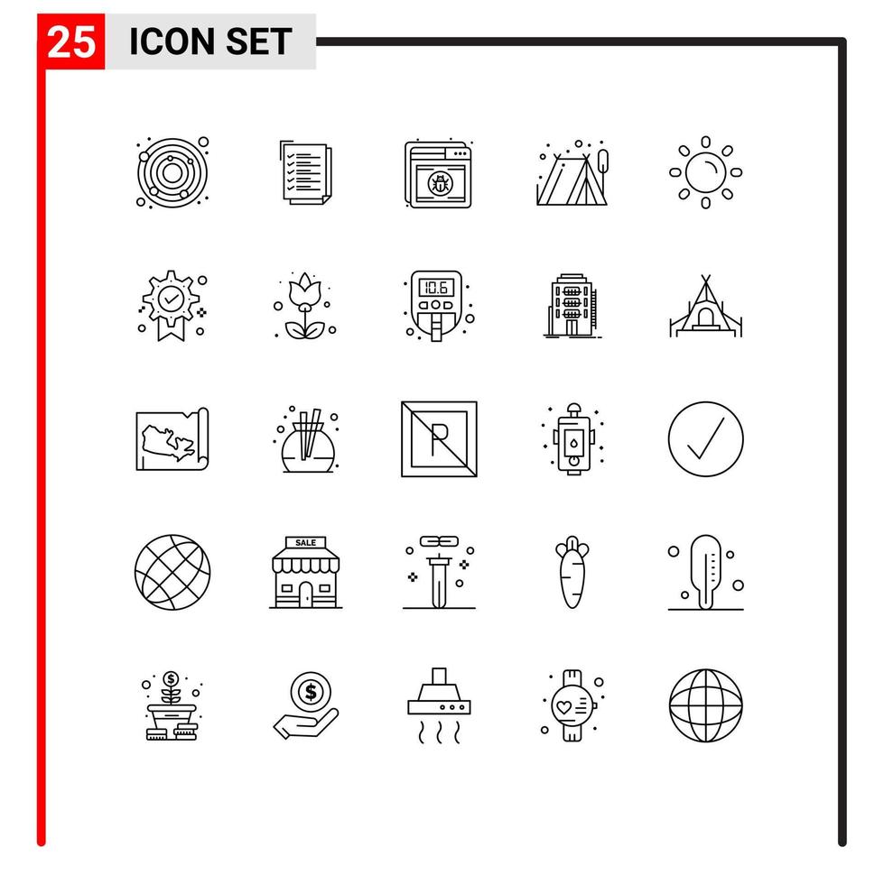 Line Pack of 25 Universal Symbols of sun brightness protection tent camping Editable Vector Design Elements