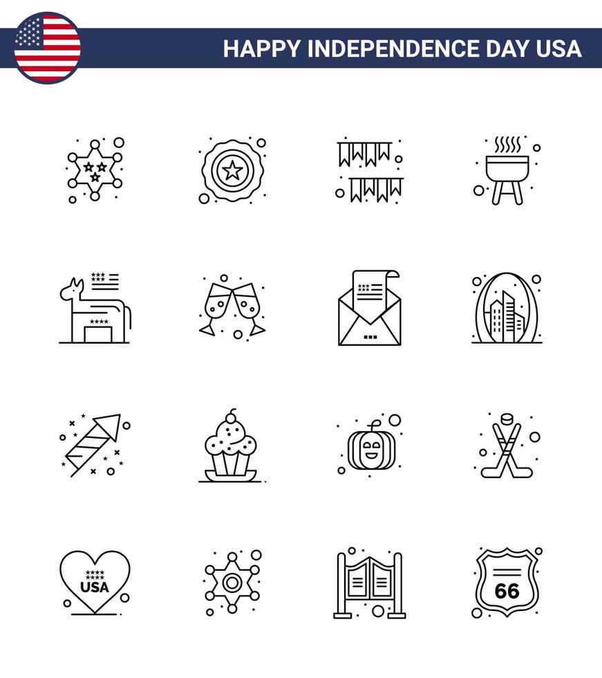 Stock Vector Icon Pack of American Day 16 Line Signs and Symbols for political donkey garland cook barbecue Editable USA Day Vector Design Elements