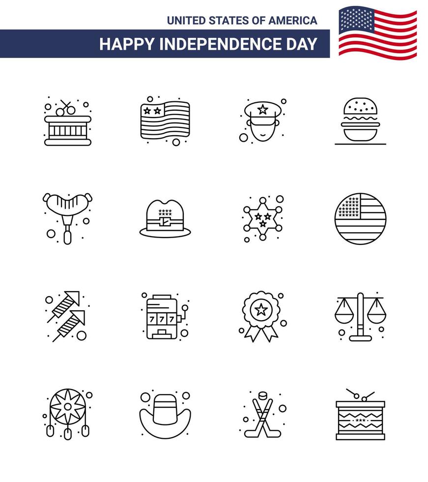 16 USA Line Signs Independence Day Celebration Symbols of cap sausage police frankfurter usa Editable USA Day Vector Design Elements