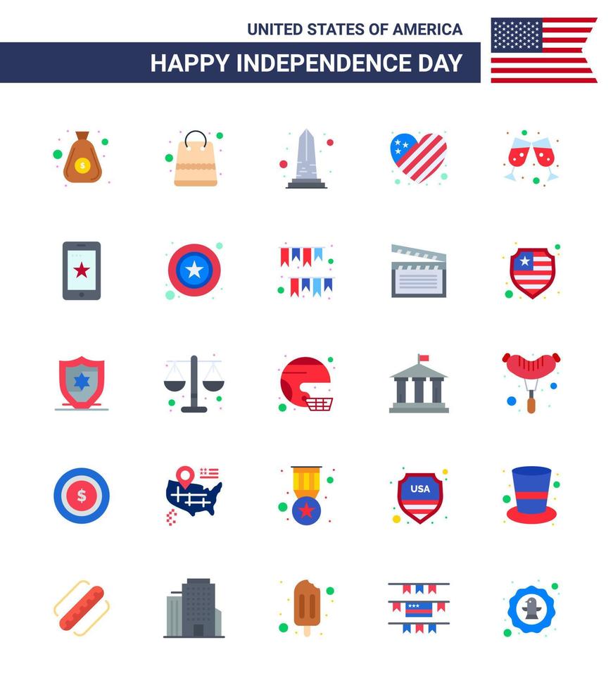 Editable Vector Flat Pack of USA Day 25 Simple Flats of beer heart landmark flag washington Editable USA Day Vector Design Elements