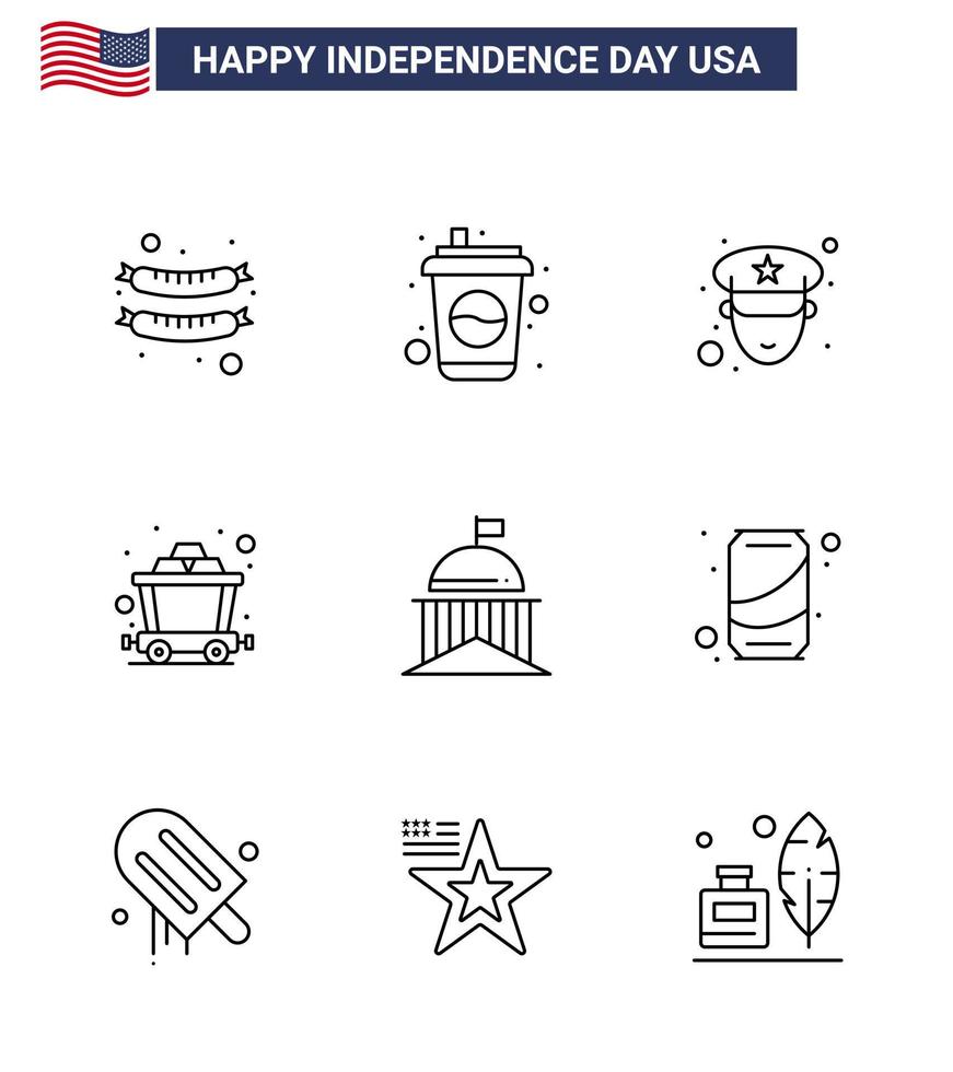9 USA Line Pack of Independence Day Signs and Symbols of irish green officer flag rail Editable USA Day Vector Design Elements