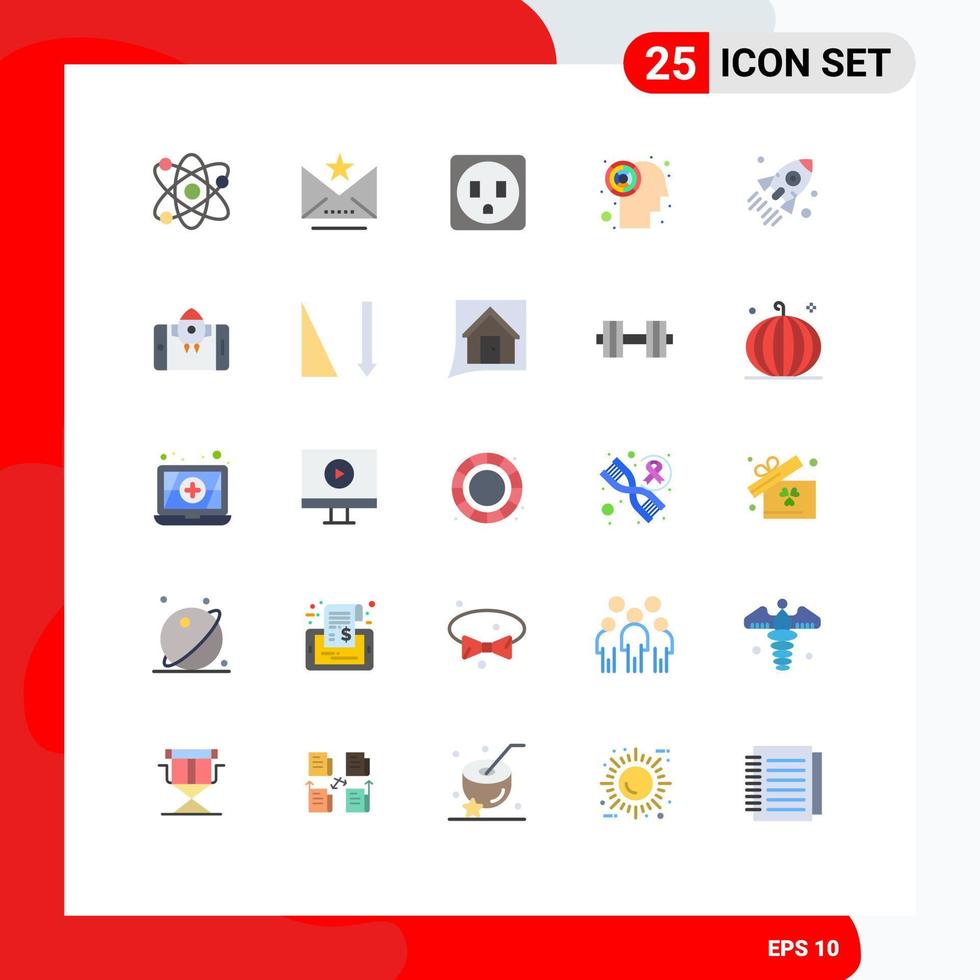 Mobile Interface Flat Color Set of 25 Pictograms of project business electric rocket brain Editable Vector Design Elements