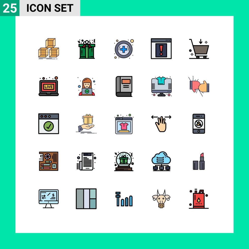 grupo de 25 colores planos de líneas llenas modernas establecidos para comercio comprar elementos de diseño de vectores editables de alerta web de hospital