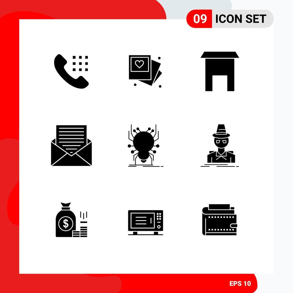 User Interface Pack of 9 Basic Solid Glyphs of bug envelope building email communication Editable Vector Design Elements