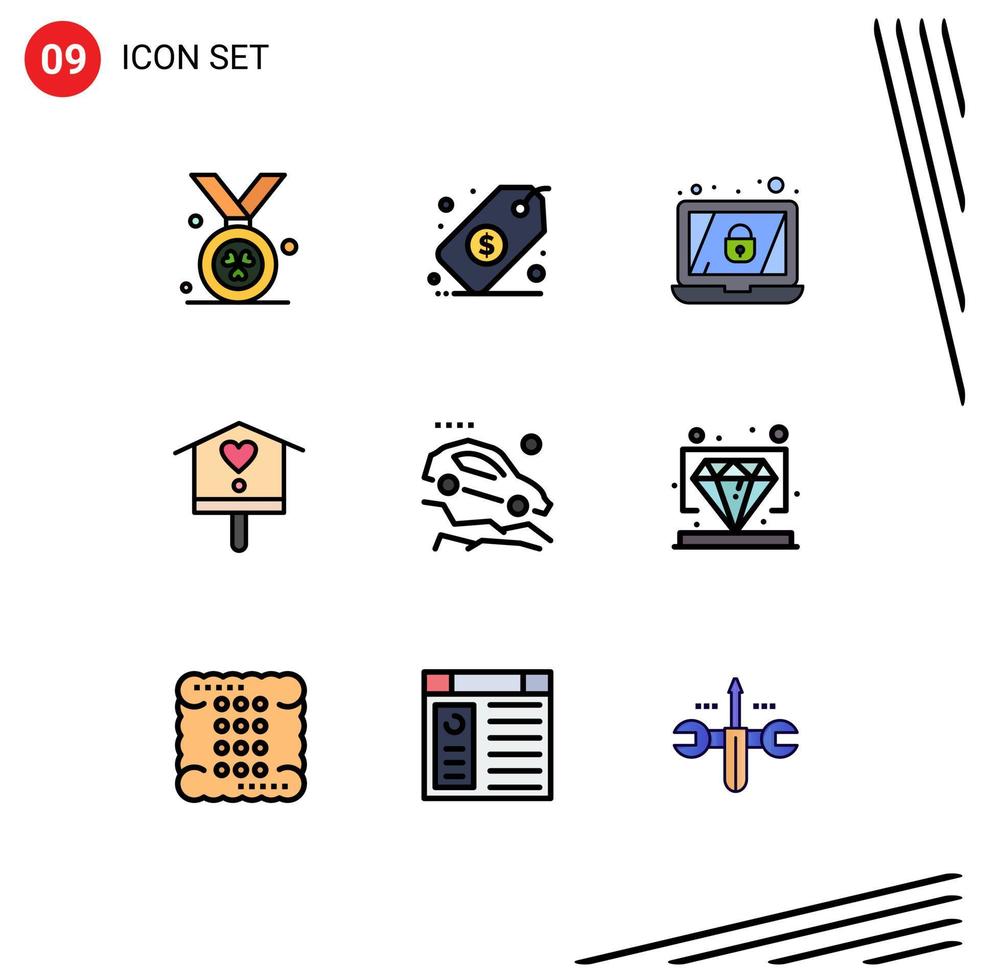 Set of 9 Vector Filledline Flat Colors on Grid for slope car laptop accident house Editable Vector Design Elements