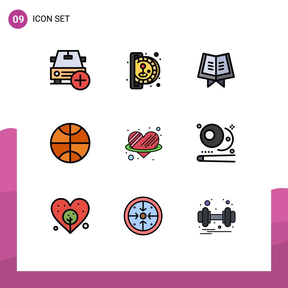 9 Filledline Flat Color concept for Websites Mobile and Apps romance heart play angle basketball Editable Vector Design Elements
