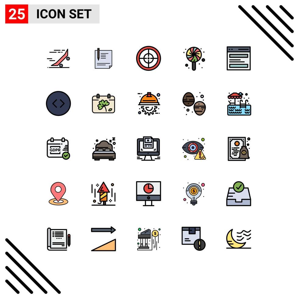 Modern Set of 25 Filled line Flat Colors Pictograph of candy birthday page military army Editable Vector Design Elements