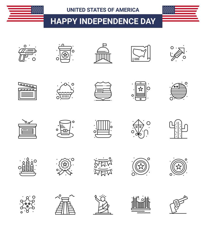 feliz día de la independencia paquete de iconos de 25 líneas para web e impresión religión bandera de estados unidos mapa unido elementos de diseño vectorial editables del día de estados unidos vector