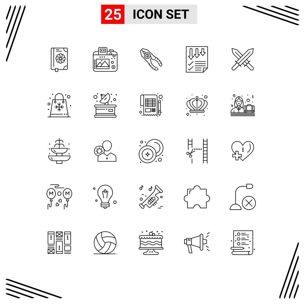 Universal Icon Symbols Group of 25 Modern Lines of report page pincers data tool Editable Vector Design Elements