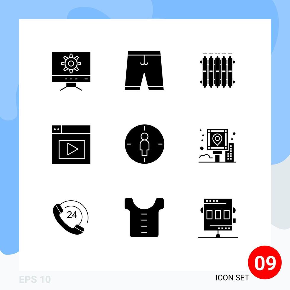 User Interface Pack of 9 Basic Solid Glyphs of male video radiator design heat Editable Vector Design Elements